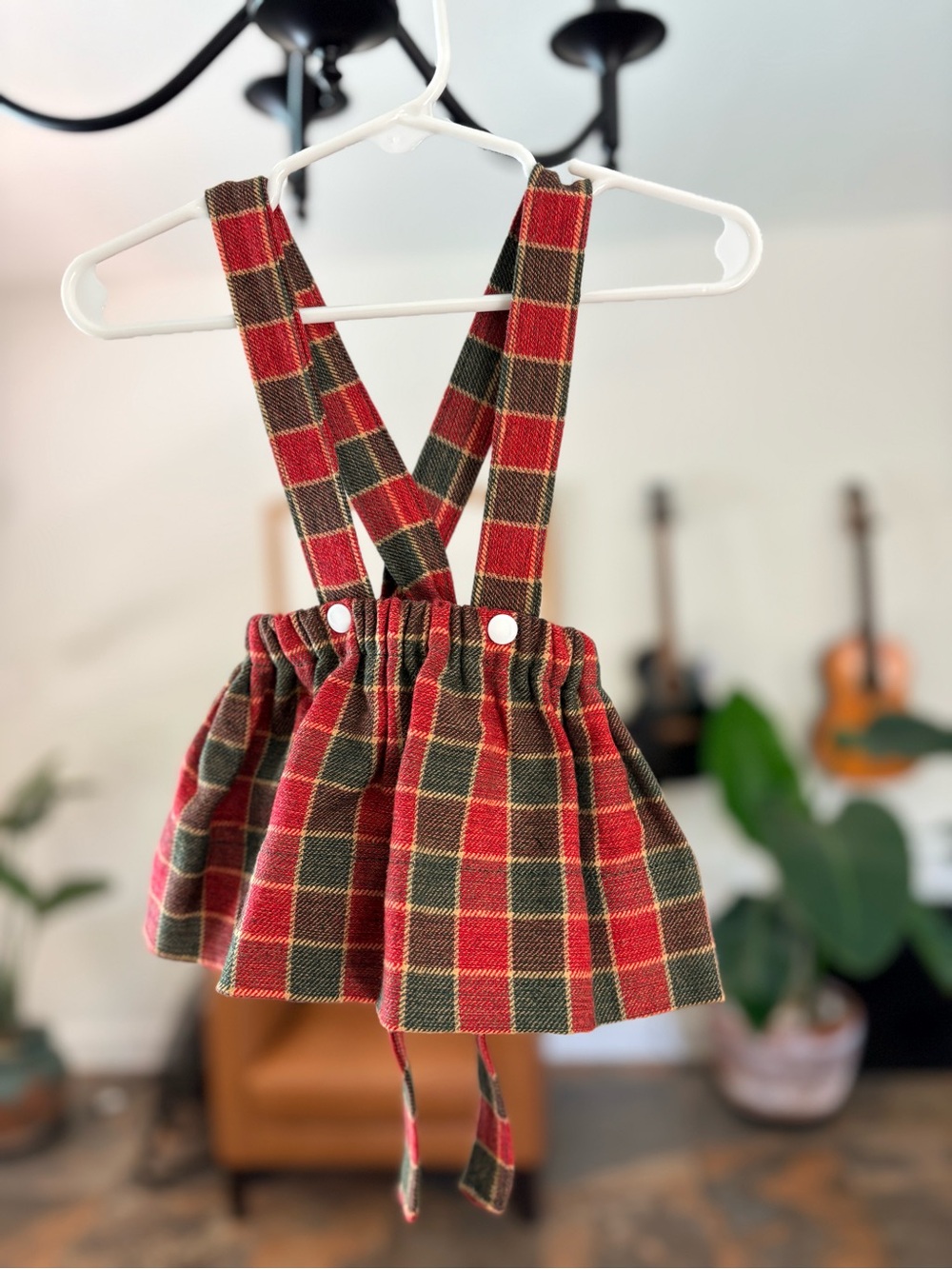 Kids Plaid Suspender Skirt - Red and Green